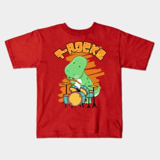 T-Rocks - T-Rex Dinosaur Drummer Cute Cartoon Kids T-Shirt